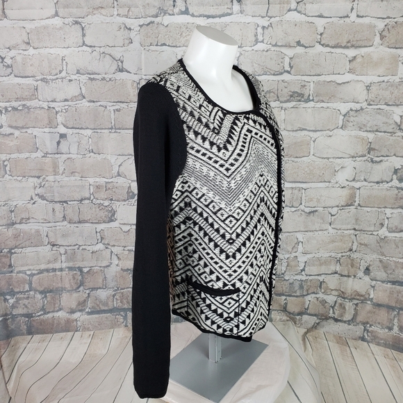 Lucky Brand Black White Knit Zip Front Cardigan XL Chevron Pattern - Picture 4 of 14